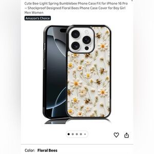 Bee-Themed Floral iPhone 16 Pro Case - Black and Cream